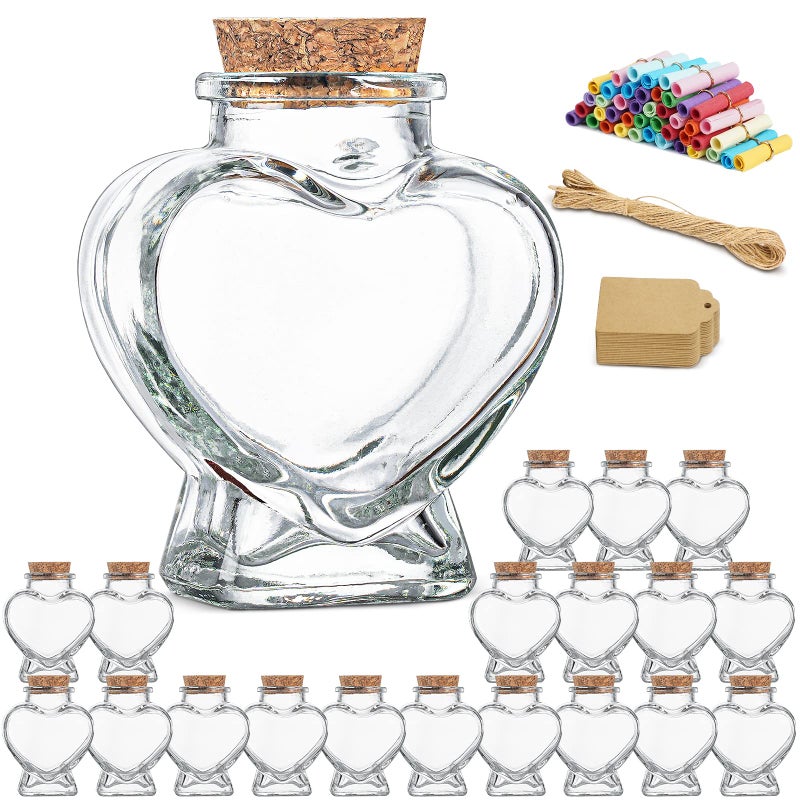 Folinstall Honeymoon Sand Keepsake Jar 2024  20 Pack Heart Shaped Spell Jars Coloured Paper Scrolls  DIY Gift Jars for Valentine's Day  Small Glass Jars with Cork Lid for Baby Shower  Wedding Favor - Image 1